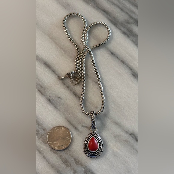 Premier Designs Teardrop Red Cabachon SilverTone Pendant Necklace 10” - Picture 9 of 13